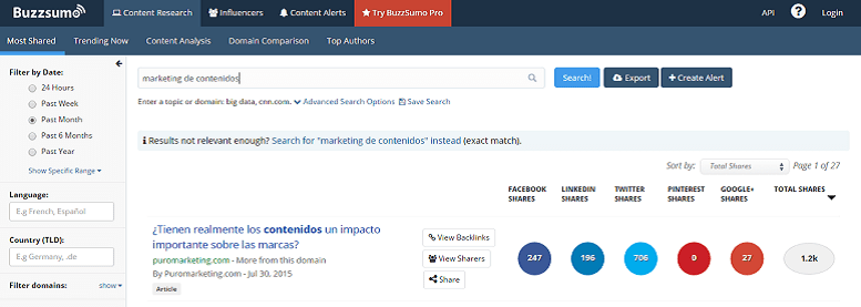 Herramientas para mejorar tu estrategia de marketing de contenidos: buzzsumo